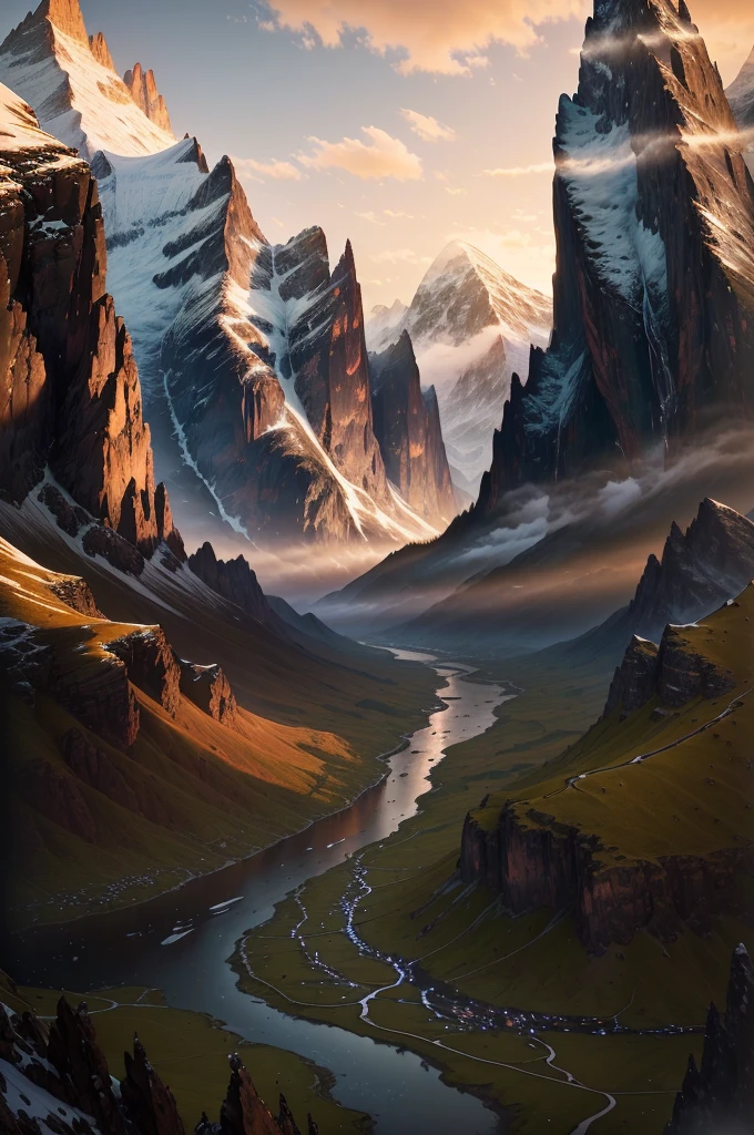 mountains and a river in the foreground with a mountain in the background, max rive, 8 k matte painting, 8k matte painting, the most beautiful landscape, epic beautiful landscape, beautiful mattepainting, majestic nature scenery, matte painting scenery, an amazing landscape image, epic cinematic matte painting, stunning matte painting, stunning nature in background, beautiful matte painting, most epic landscape
