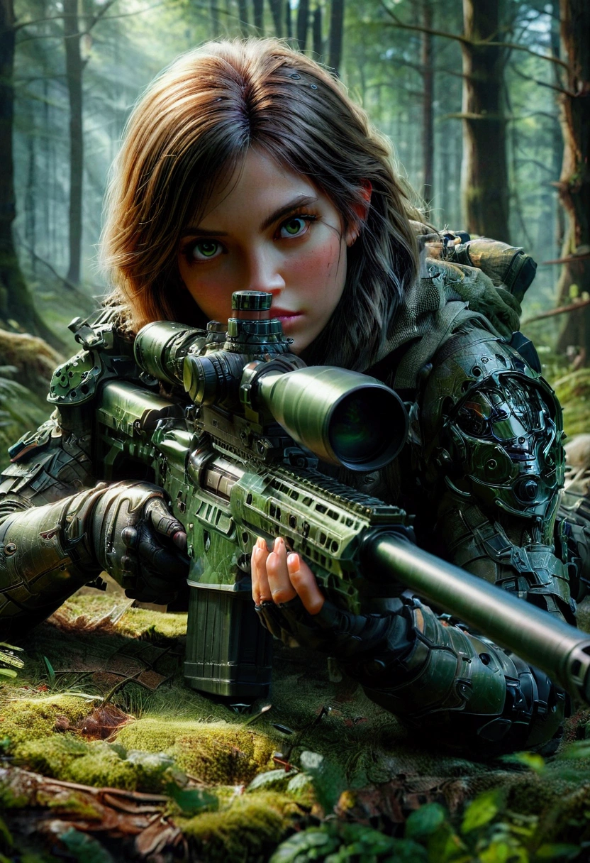 1girl, Sniper, A highly detailed, portrait of a skilled sniper in a camouflage uniform, lying prone with a high-powered sniper rifle, focused intently through the scope, surrounded by lush foliage in a forest environment, dramatic lighting, cinematic composition, hyper-detailed textures, muted color palette, gritty, masterpiece, best quality, very aesthetic, absurdres