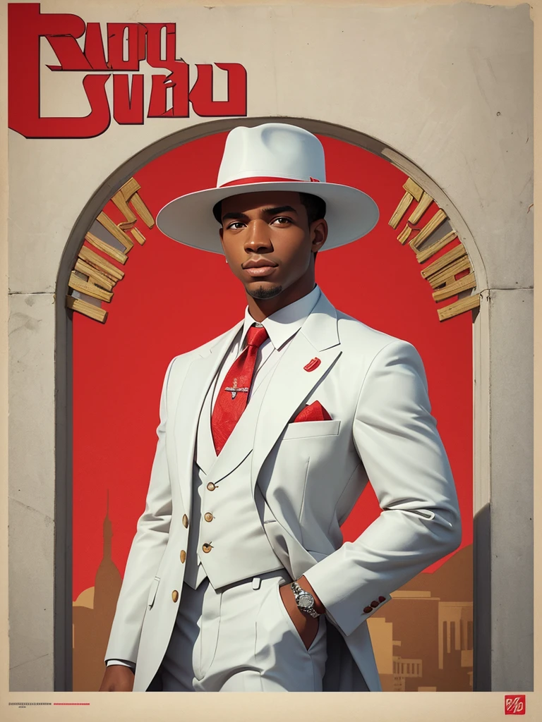 Create a poster image for a retro-themed poster. The art of sketches, The pen doodles must have a textured background with pastel colors and a drawing of a black man in a white suit and elegant red tie with a panama hat with red details.  Add retro graphic elements of Rio de Janeiro images, like the lapa arches, 