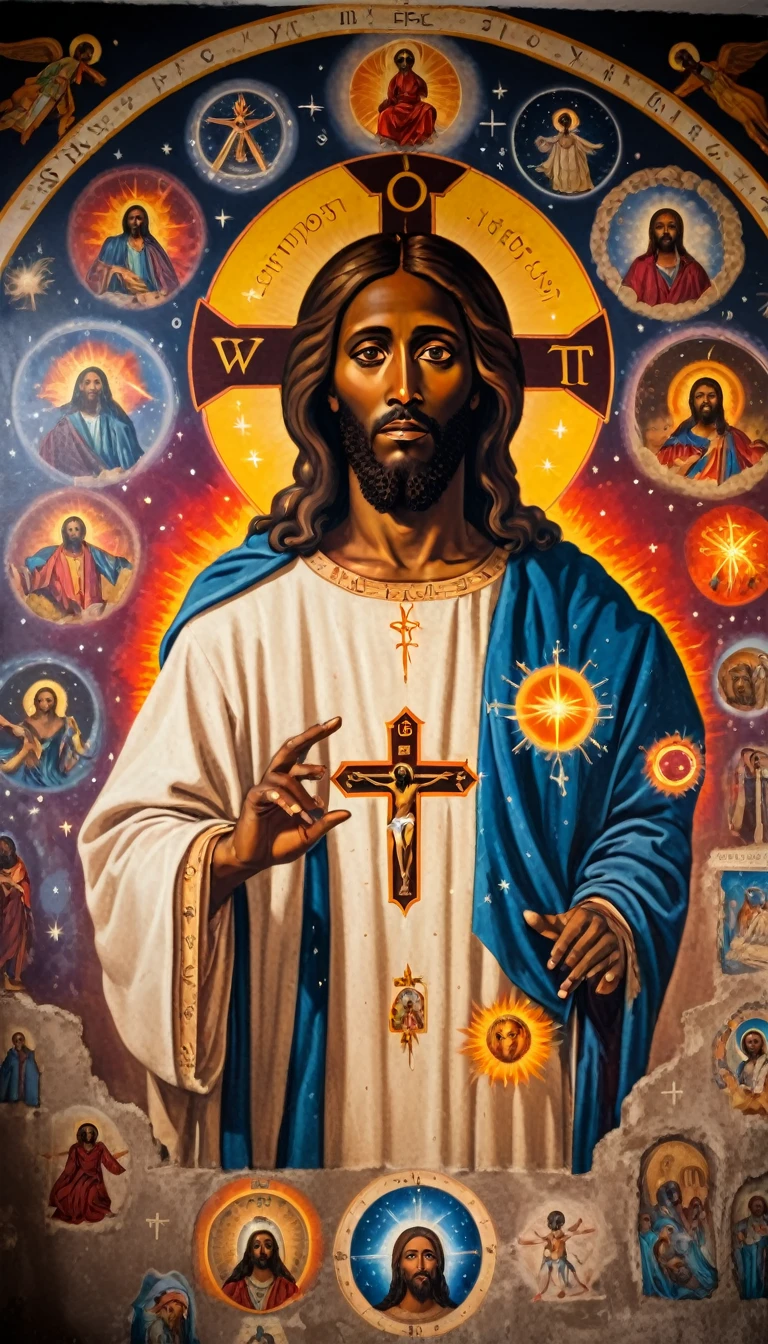 black jesus christ, orthodox painted on the wall, symbols and elements of astrology, hermetic symbols, cosmic, esoteric
