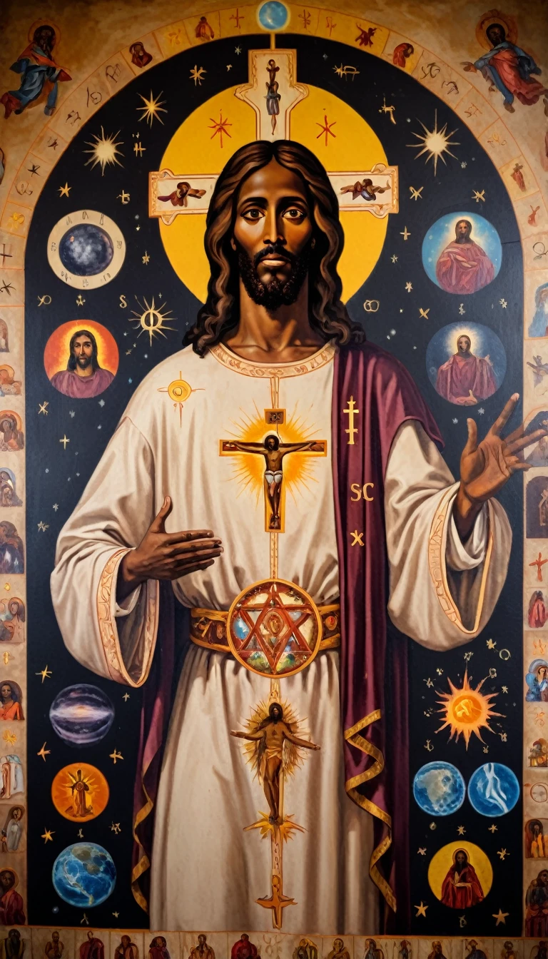 black jesus christ, orthodox painted on the wall, symbols and elements of astrology, hermetic symbols
