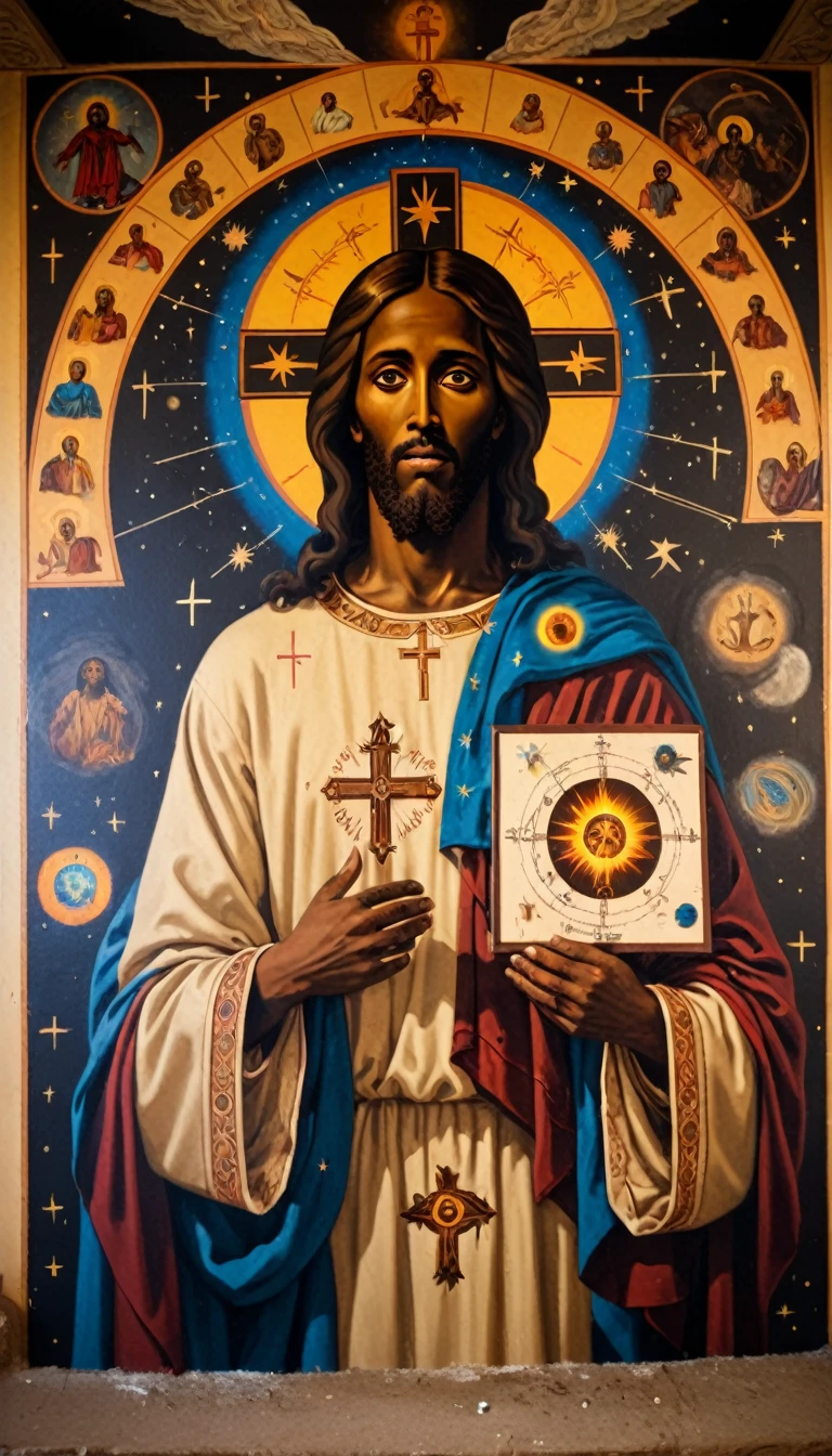 black jesus christ, orthodox painted on the wall, symbols and elements of astrology, hermetic symbols, cosmic, esoteric
