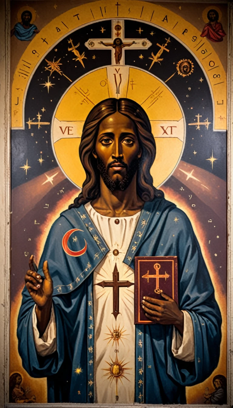 black jesus christ, orthodox painted on the wall, symbols and elements of astrology, hermetic symbols, cosmic, esoteric
