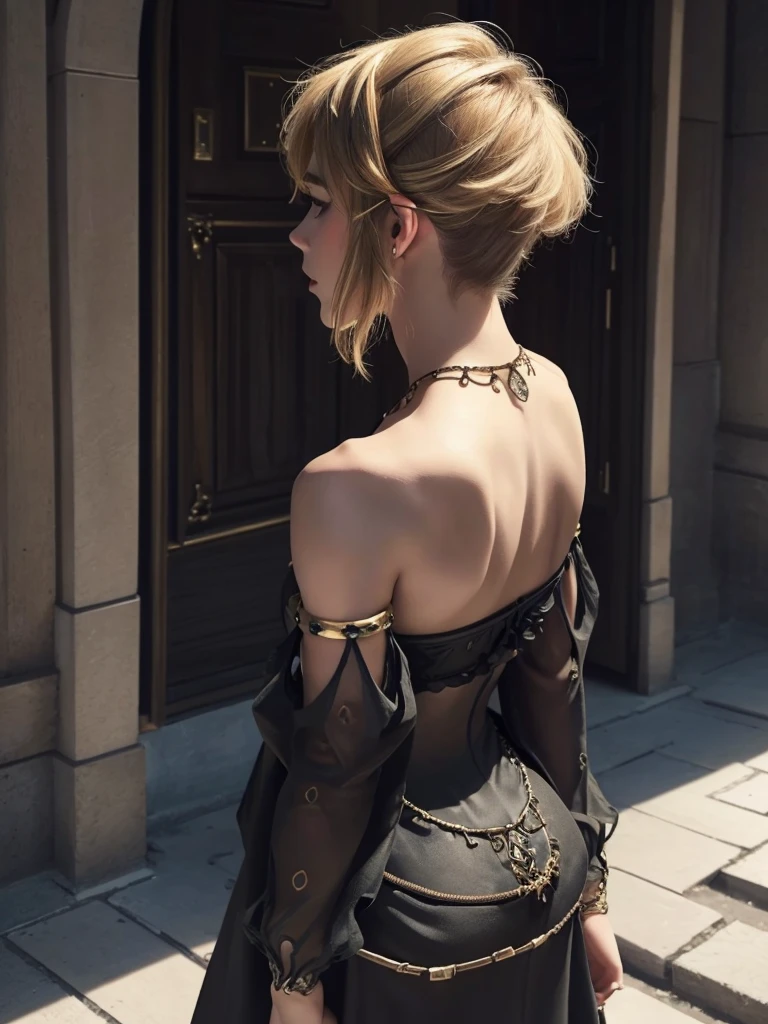 ((work of art)), ((best qualityer)), (detailded), perfect, standing alone, link, beautiful boy, Delicious lips, hair blonde, sexly, very feminine pose, backwards looking back. Intense look goth, black dress.