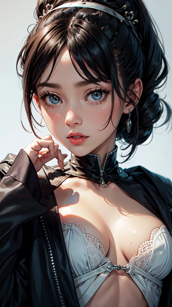 A close up of a very sexy girl, brunette hair style, detailed face, beautiful eyes, full lips, ((cum on face)) cum on chin, seductive smile, mid body, breasts revealed, textured skin, light makeup,earrings, cinematic lighting, photorealistic, 8k, high quality