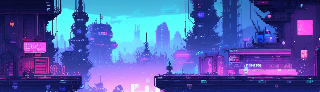 hbyxcj, ficção científica, sem humanos, cenário, cabo, pixel art, futuristic sidescroller game, purple, blue and neon colors, futuristic city in the background with industrial feeling