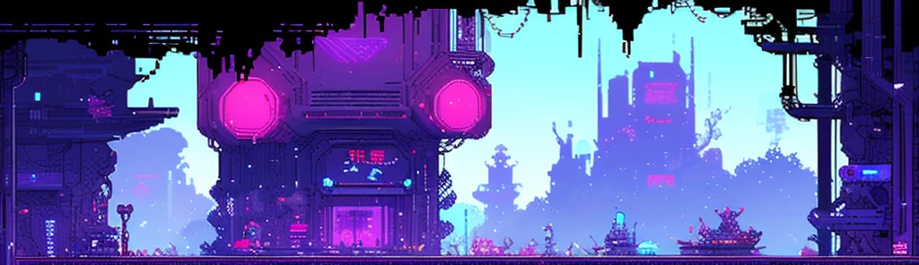 hbyxcj, ficção científica, sem humanos, cenário, cabo, pixel art, futuristic sidescroller game, purple, blue and neon colors, futuristic city in the background with industrial feeling