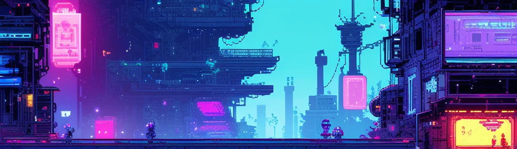 hbyxcj, ficção científica, sem humanos, cenário, cabo, pixel art, futuristic sidescroller game, purple, blue and neon colors, futuristic city in the background with industrial feeling