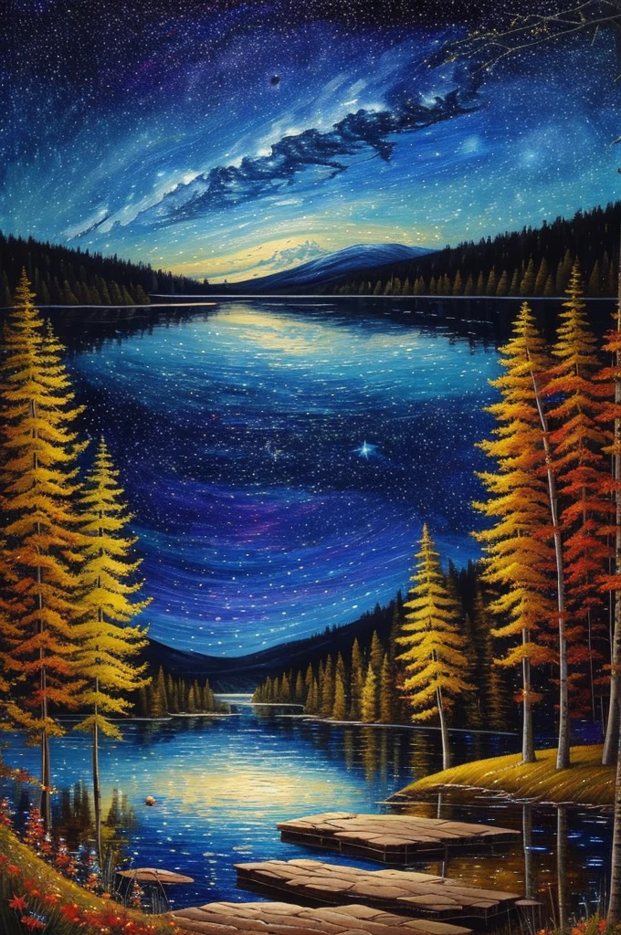 a painting of a lake with trees and stars in the sky, an acrylic painting by Justin Gerard, tumblr, space art, beautiful color art!, starry-night!!!!!!!!!!!!!!!!!!!!, colorful night sky, gorgeous painting, beautiful painting, colorful skies, stary night painting, ✏️🎨, stunning painting, beauttiful stars, stars and paisley filled sky, 🌲🌌