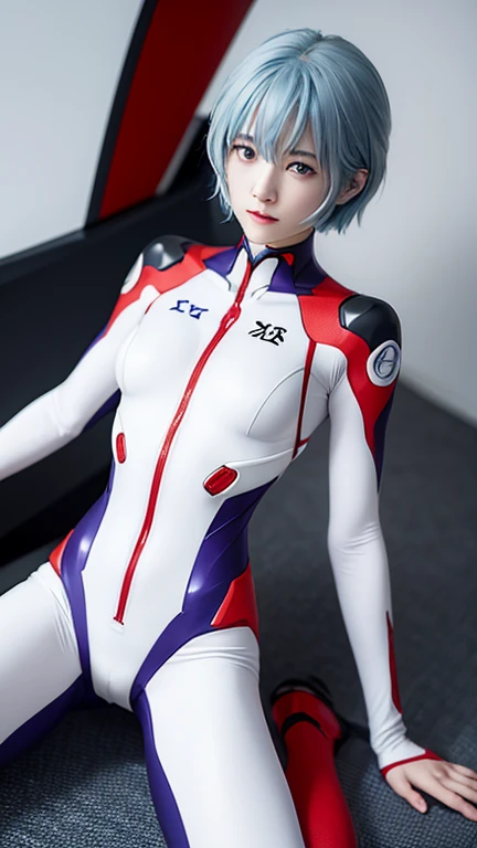 Evangelion、Rei Ayanami、One girl, Ayanami Rei, alone, Red eyes, （（Plug Suit,）） short hair, Blue Hair, chest, Bodysuits,whole body, white Bodysuits, School classroom、 White interface headset, bangs, Mouth closed, A little smile、Hair between the eyes, medium chest, high quality, slow,Moist eyes、Watery eye、Troubled face、Rei Ayanami、Are standing、