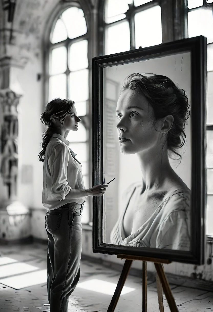 A woman stands before a massive graphite self-portrait, studying the details of her past, solitary but resolute in a vast white space surrounded by artifacts of memories, captured sharply by Hasselblad H6D-100C in black and white, Carl Zeiss lens capturing her strength of spirit lit naturally through high windows. --style raw --stylize 50 --weird 300 --quality 25 --v 6