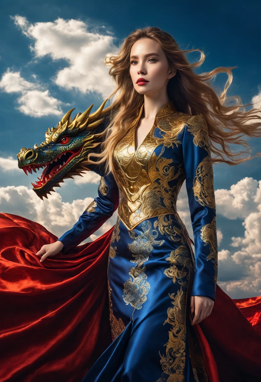 Long-haired woman wearing an iron-clad dress(gold color) Ride a dragon(red) in the sky below are clouds(Indigo) Behind there is sunlight.