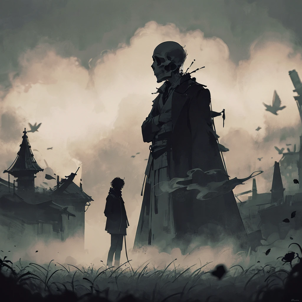 1 men standing behind, (silhouette:1.3), blackwork, painful, creepy, sheet, roses, skull, abstract, ambient lighting, (blurred background, blurred foreground, Depth of field:1.3), Swirling fog, Rainbow fog, traditional texture, dripping