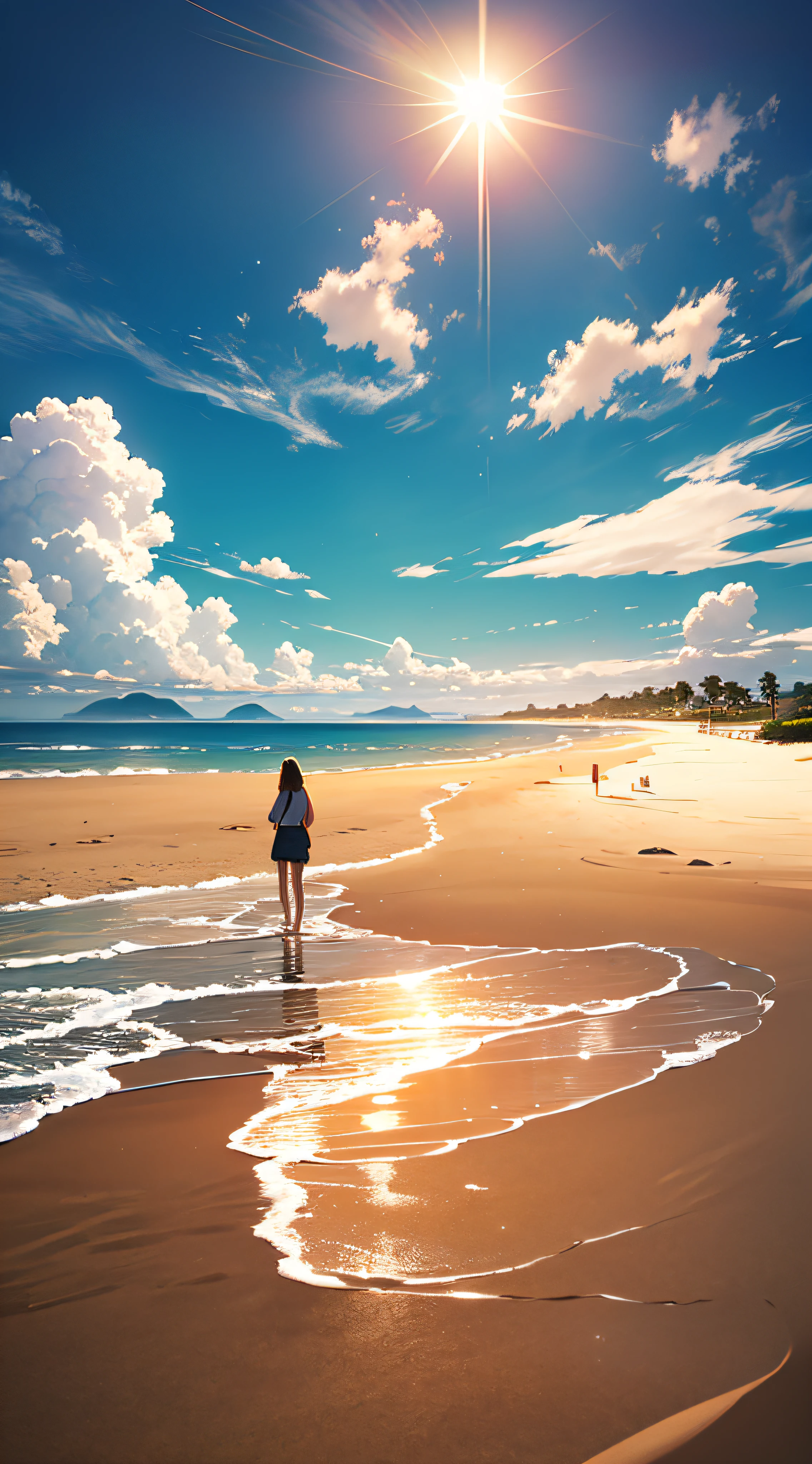 A wide landscape photo, captured with a stunning view of the beach, with the blue sky and the open countryside of the coast below. On the golden sand, a girl is standing, bare feet, looking up. The Bright Sun (1:2) is radiant in the sky, spreading its rays of golden light throughout the scene. From a distance, distant mountains can be seen along the coast, adding a sense of serenity. BREAK Handcrafted tropical trees frame the beach, providing soft shade and a picturesque natural frame. The warm light (1.2) sunset bathes the scene, creating a vibrant color palette, with shades of purple and orange blending harmoniously. Intricate details and volumetric lighting BREAK (work of art: 1.2) highlight the stunning beauty of the place. Image quality is 4K, ultra detaild, capturing every element perfectly. Dynamic composition (1.4) gives movement and fluidity to the image, while bright colors and a rainbow (1.2) Add a magic touch. The sunshine reflected in the water and the atmospheric illumination create an atmosphere of dream and tranquility. or only (1.2) It is rich in detail and texture, conveying the feeling of walking on the warm sand of the beach.