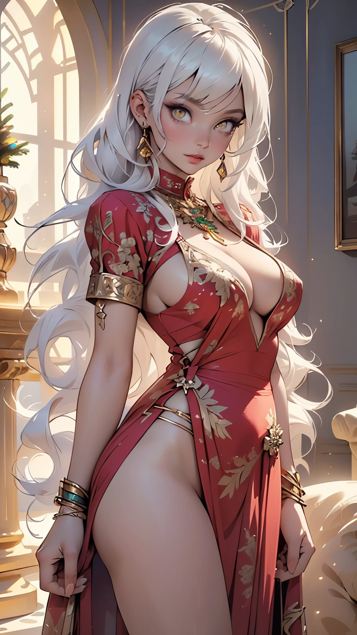 woman,1female,((milf,mom,mature,mature woman,45 years old female,adult)),(large breasts:1.5),saggy breasts,(((white hair:1.4,straight hair,long hair:1.4,colored inner hair))),((yellow_eyes:1.3)),intricate eyes,beautiful detailed eyes,symmetrical eyes,((((dark skin:1.4,lustrous skin:1.5,bright skin: 1.5,skin tanned,shiny skin,very shiny skin,shiny body,illuminated skin)))),(spider lower abdomen,narrow waist,wide hip,bimbo body,inflated legs,thick thighs,delicate detailed fingers),(((detailed face))),
cute,slutty,sensual,seductive look,seductive,((erotic)),opulent,sumptuous,longingly,((nsfw)),
queen,goddess,fantasy,(((ice jewelry,intricate necklace,christmas jewelry,detailed outfit))),cleavage,silver silk,((eyeshadow,elegant makeup,eyelid makeup,gold lips,gold lipstick)),zettai ryouiki,revealing clothing,show skin,cleavage,((underboob)),((arabian dress, arabian princess,arabian beauty,beautiful alluring,beautiful genie girl)),((intricate genie outfit)),arabian accessories,(arabian jewelry in her arms),earrings,(((pelvis curtain))),(loincloth),(((red dress))),((Transparent cloth:1.1)),(((intricate outfit,intricate clothes,embroidered outfit,ornate outfit,embroidered clothes,ornate clothes))),
(dynamic pose:1.0),embarrassed,(centered,scale to fit dimensions,Rule of thirds),
inside,indoor,((palace in Arabia, palace in Arabia background)),scenery:1.25,((intricate scenery)),
(Glossy winter ornaments),highres,sharp focus,(ultra detailed,extremely detailed),(photorealistic artwork:1.37),(extremely detailed CG unity 8k wallpaper),(((vibrant colors,vibrant theme))),(intricate),(masterpiece),(best quality),artistic photography,(photography taken by sldr),(intricate background),perfect rendered face,perfect face details,realistic face,photo realistic,((intricate detail)),(((realism))),