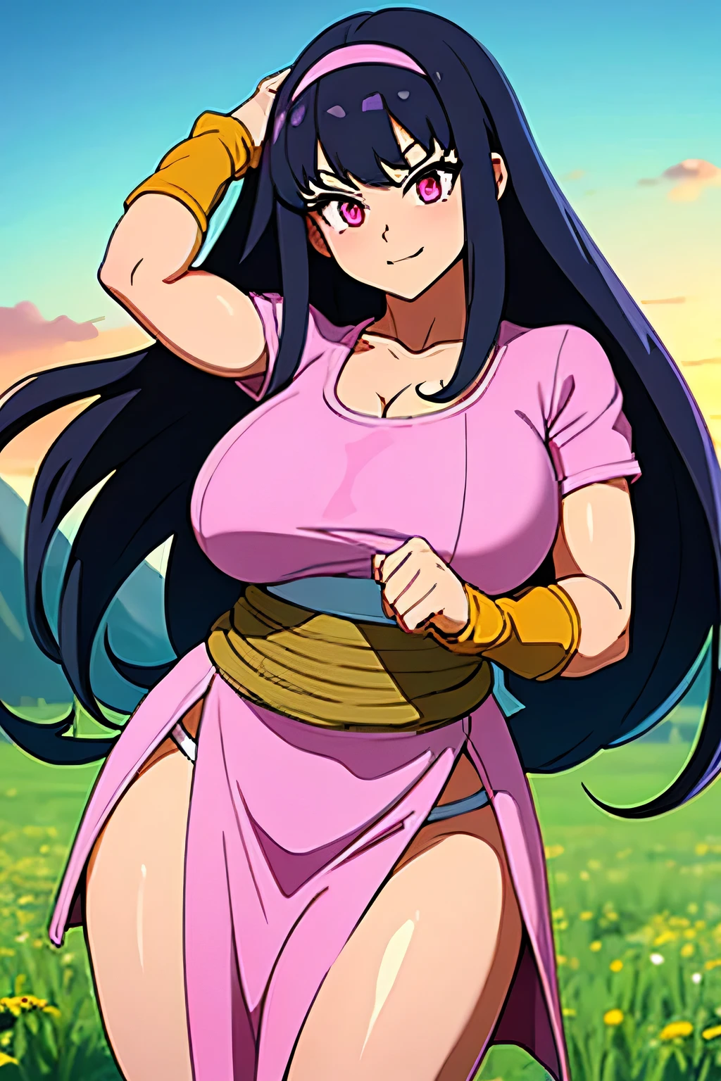 Women, (saiyan) with long black hair, curvy body, pink eyes, big breasts, with a long white Greek dress, meadow background at sunset. 