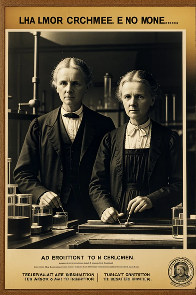 A poster with photos of Marie Curie with her husband in the laboratory 