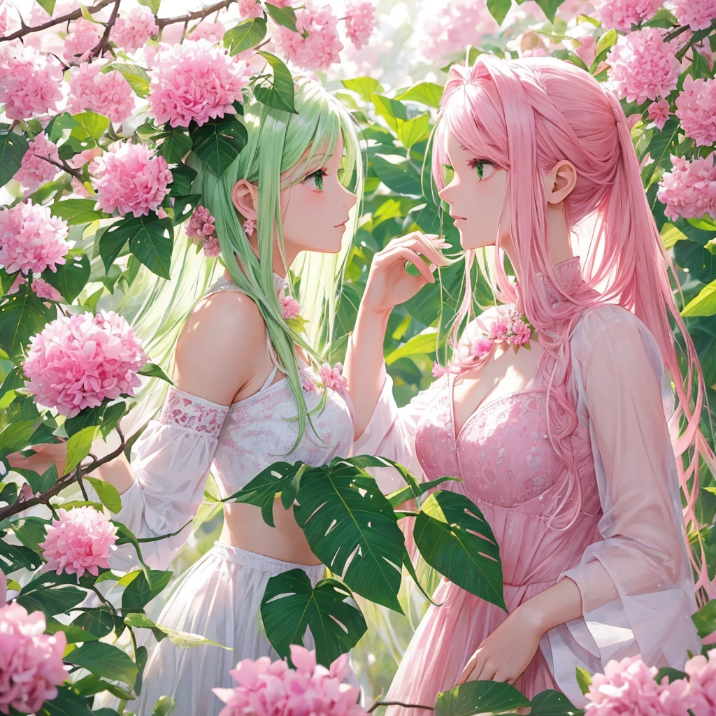 arafed pink flower with green leaves on a branch, beautiful flower, beautiful!!!!!!!!!, beautiful nature, pink flower, staggering in its beauty, beautiful gorgeous, gorgeous beautiful, beautiful!!!!!!!!!!!!, bottlebrush, pink and green, incredibly beautiful, very beautiful, long spiky pink hair, pink white and green, really beautiful nature, highly beautiful, !!natural beauty!!