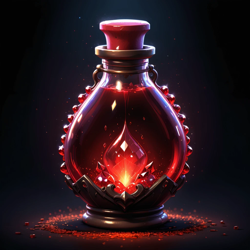 pixel art, simple black background, game icon, oblong shaped red potion, health potion, sparkles inside,