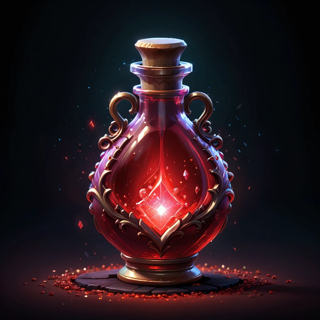 pixel art, simple black background, game icon, oblong shaped red potion, health potion, sparkles inside,