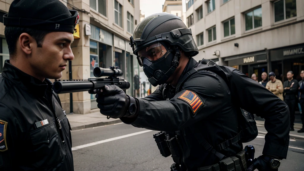 special forces soldier, black suit with skull, army helmet, armed with rifle, masked, pointing gun at spectator, ultra realistic, looking at spectator