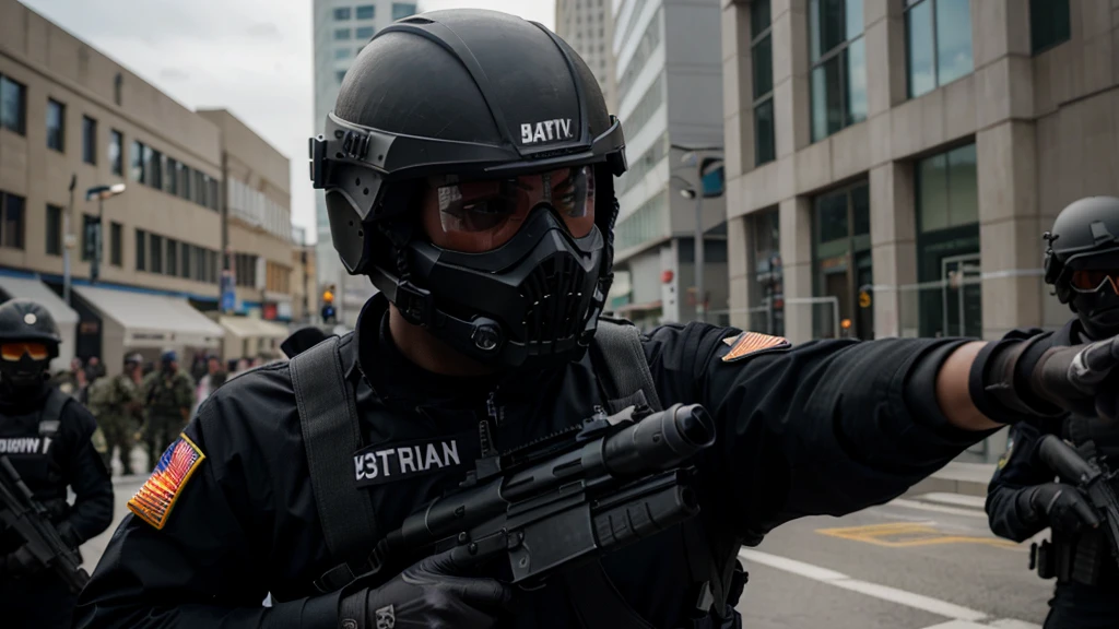 special forces soldier, black suit with skull, army helmet, armed with rifle, masked, pointing gun at spectator, ultra realistic, looking at spectator