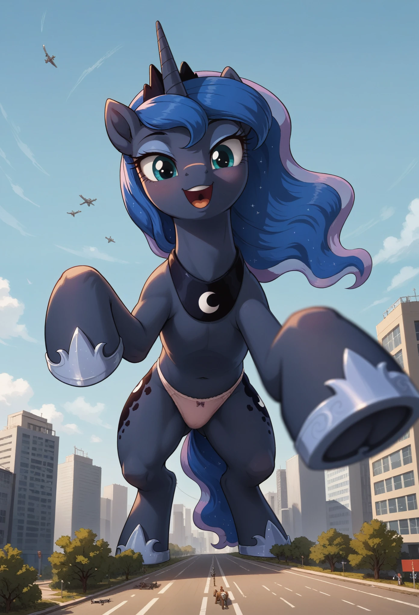 score_9, score_8_up, score_7_up, feral, GTS, giantess, macro, 1girl, solo, dynamic pose, (crawling over buildings, crawling:1.3), looking down at viewer, in Tokyo, daytime, outdoors, detailed background, (fisheye:1.2), (perspective:1.3), full body, excited, heat, looming, low angle, from the ground, source_pony, princess luna, female, blue body, straight hair, wavy hair, blue eyes, anatomically correct, feral anatomy, good anatomy, (depth of field), muted colors, extremely high quality RAW photograph, earth pony, semi-anthro, female, ponified, panties,