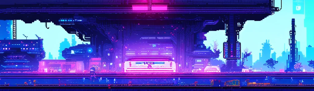 hbyxcj, ficção científica, sem humanos, cenário, cabo, pixel art, futuristic sidescroller game, purple, blue and neon colors, futuristic city in the background with industrial feeling