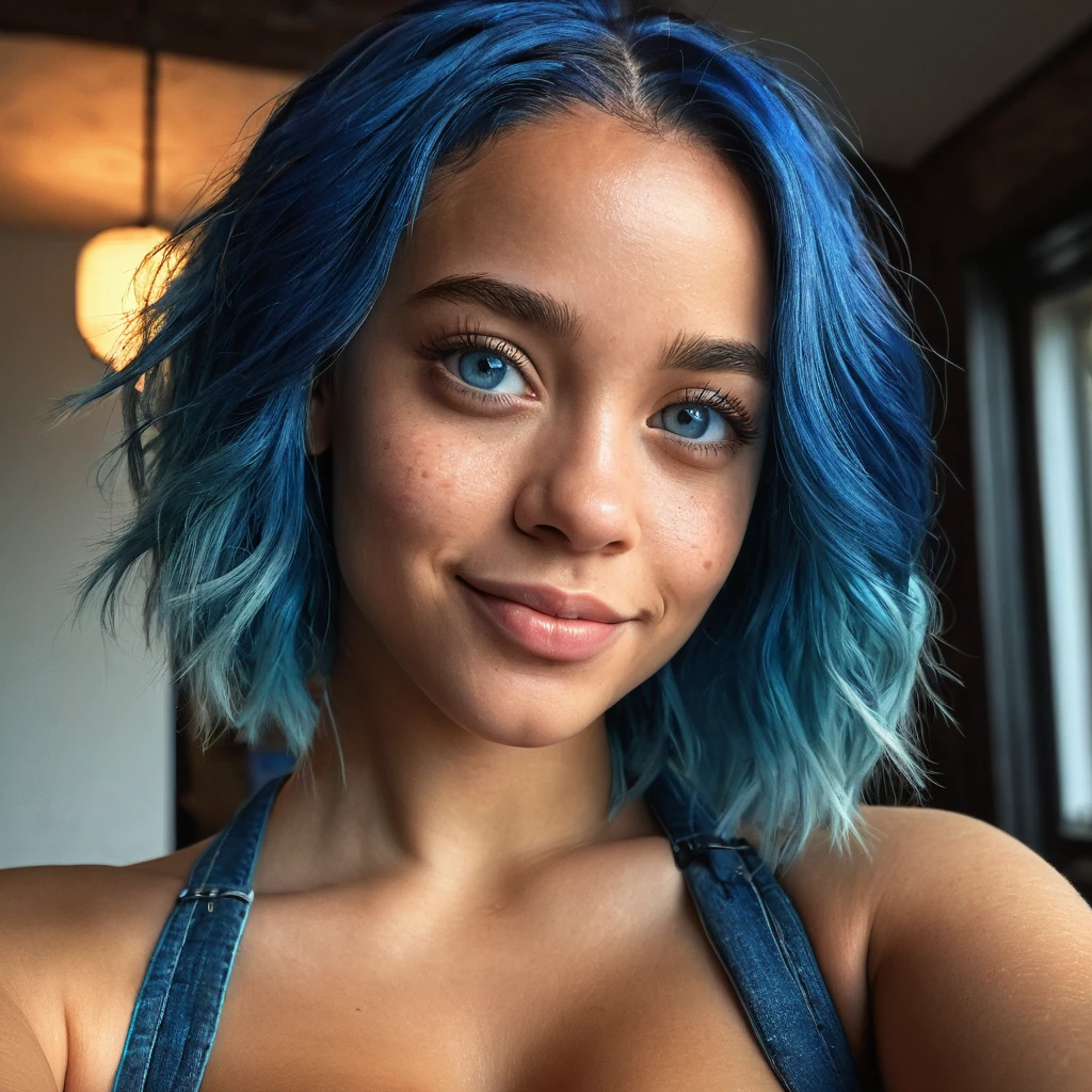 1 girl, beautiful biracial girl, blue hair, blue eyes, high resolution, large breasts, smirking expression, selfie, (best quality,4k,8k,highres,masterpiece:1.2),ultra-detailed,(realistic,photorealistic,photo-realistic:1.37),digital art, portrait, chiaroscuro lighting, warm color palette, cinematic