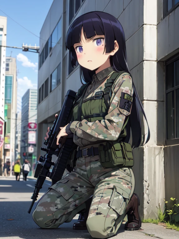 ruri gokou, (Ultra-high resolution), (masterpiece), (Attention to detail), (high quality), (最high quality) , 1 girl, alone, Hime cut, Long Hair, ((Sniper)), Sniperライフル, Tactical Gear, Urban Background, skyscraper, Camouflage, Sniper pose, Serious expression, goggles, Urban Camo, Kneeling