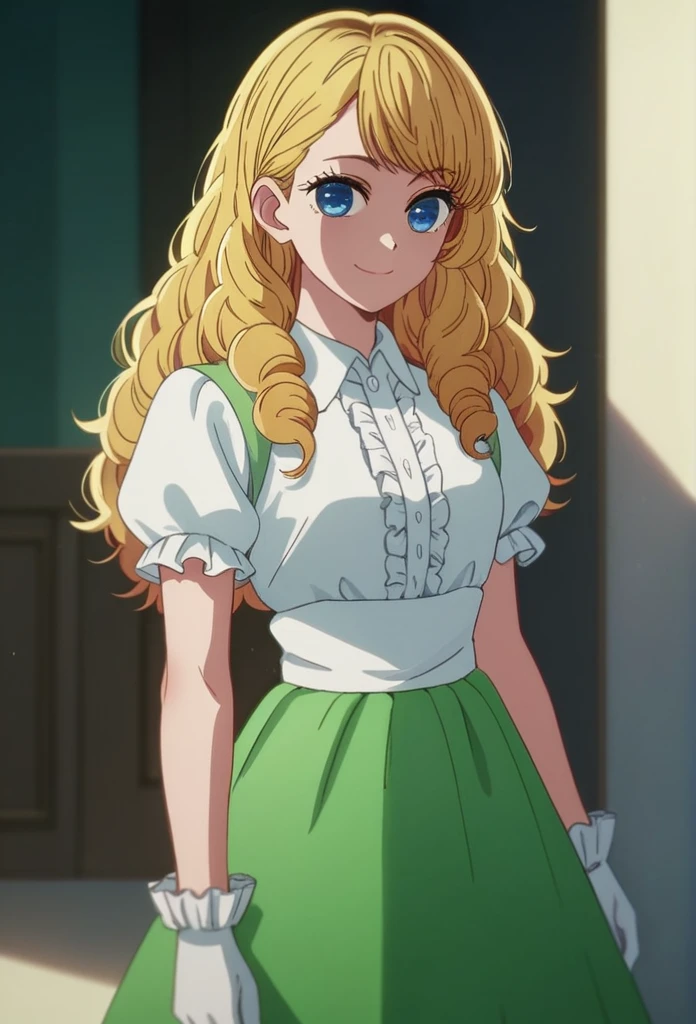 oshi_no_ko_style,blonde curls,sidecurls,fluffy fringe bangs,blue eyes,long eyelashes,cowboyshot,standing,,soft smile,long hair,masterpiece,highres,absurdres,(white puffy short sleeves),collared blouse,solo,frilled cuffs,,teen,(baby blue pinafore dress),frilled wristgloves,frilled sweatheart neckline,white sash around the waist,peter pan collar,side curls,princess curls,puffy skirt ended in a frilled white hemline,flared skirt,