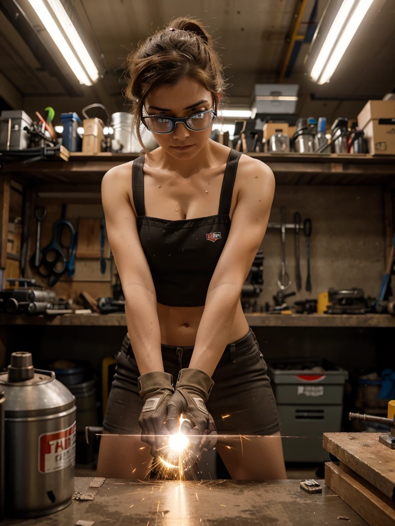 Barely dressed, brunette, engineer, working on robot. bent over, glasses, wide hips