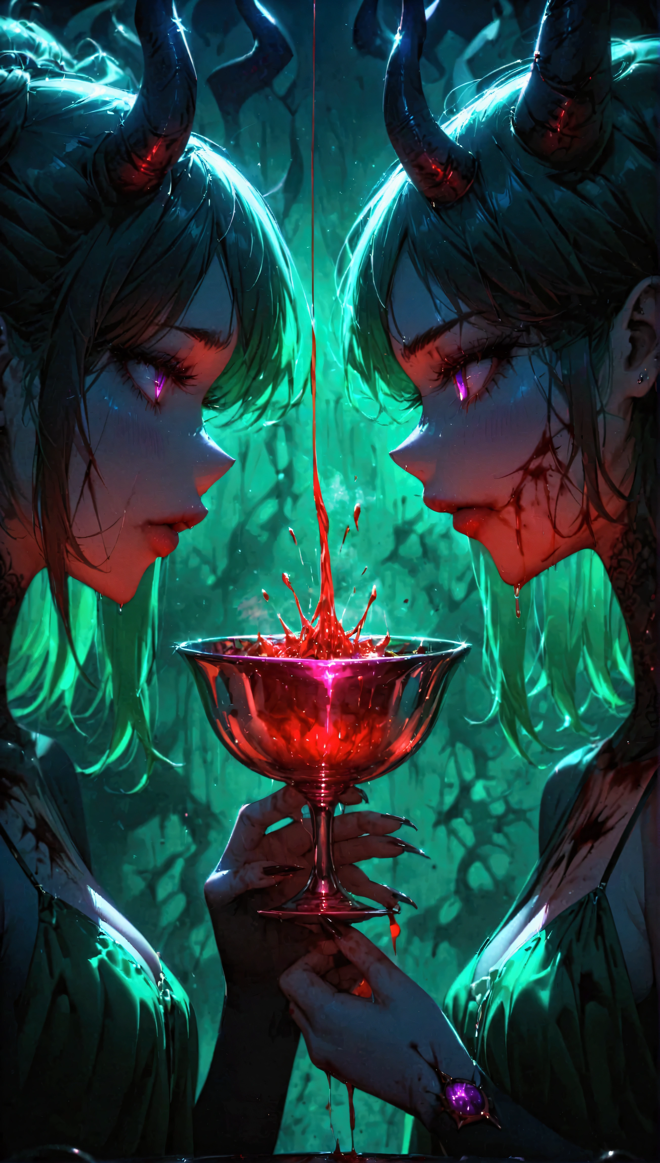(blood sacrifice:1.5),(far profile:1.1),(emerald cup:1.2),(1 black demon),vomiting blood into the cup,1 beautiful girl and 1 black demon, pact with the devil, witch with demon,