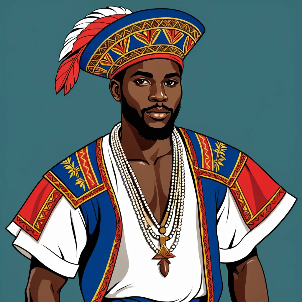 man in haiti folk outfit, vector graphics, strong contours
