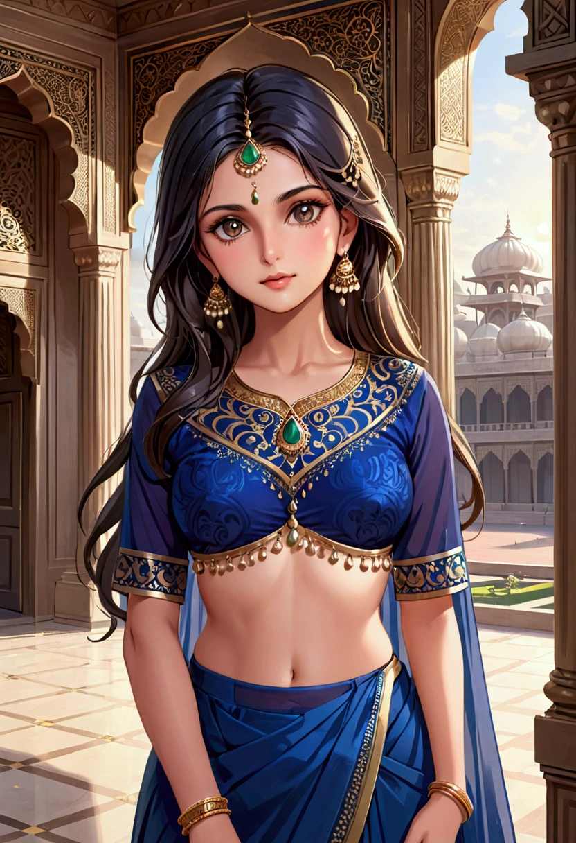 Rhea Sen plays a beautiful 21-year-old woman, She is wearing a gorgeous navy blue ghagra and long blouse, Eye mascara, eye shadow, Long eyelashes, Gold Jewelry, Stand in the palace, Upper Body, Front view, Big Plans, Pubic hair is visible