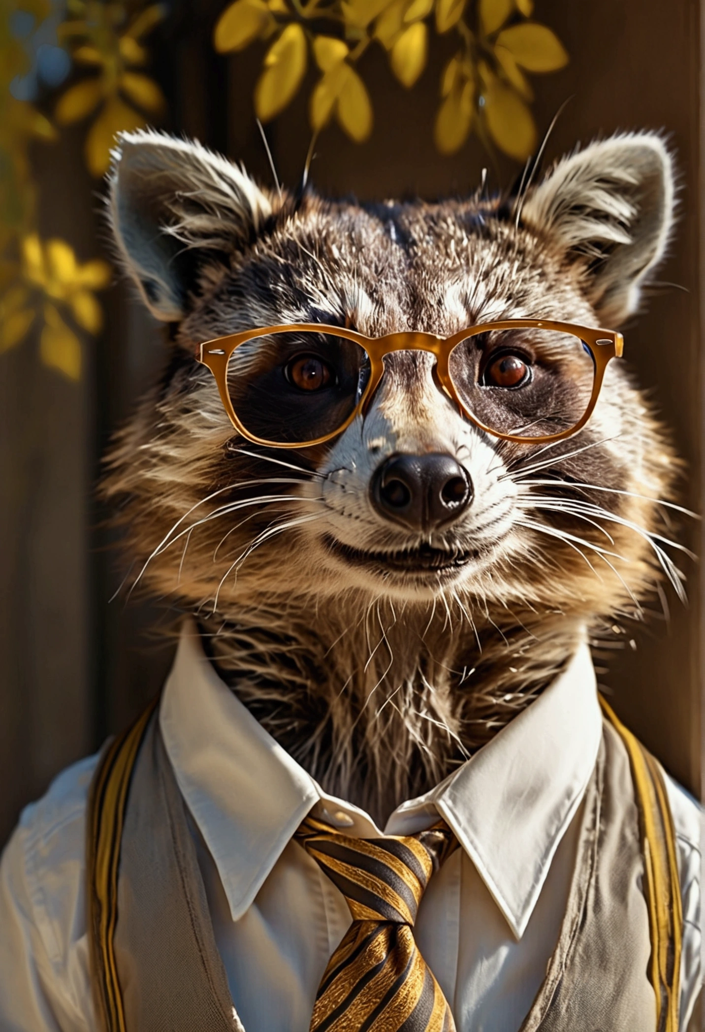 a raccoon consultant sunbathing in a garden,detailed raccoon face,raccoon wearing ray-ban sunglasses with gold frame,raccoon wearing loose tie and open shirt buttons,realistic,photorealistic,realistic:1.37,best quality,8k,high res,masterpiece:1.2,ultra-detailed,vivid colors,studio lighting,sharp focus,physically-based rendering with realistic shadows,extreme detail, professional. light gray shirt with yellow brown striped tie