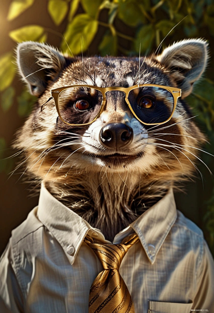 a raccoon consultant sunbathing in a garden,detailed raccoon face,raccoon wearing ray-ban sunglasses with gold frame,raccoon wearing loose tie and open shirt buttons,realistic,photorealistic,realistic:1.37,best quality,8k,high res,masterpiece:1.2,ultra-detailed,vivid colors,studio lighting,sharp focus,physically-based rendering with realistic shadows,extreme detail, professional. light gray shirt with yellow brown striped tie