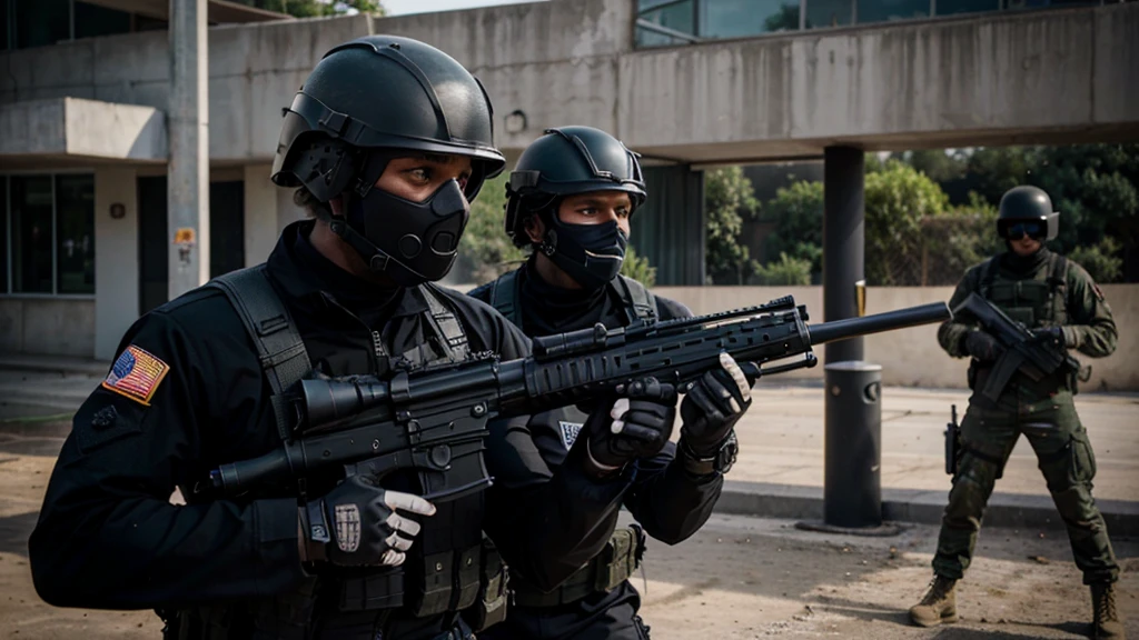 special forces soldier man, black suit with skull, army helmet, armed with rifle, masked, pointing gun at spectator, ultra realistic, looking at spectator