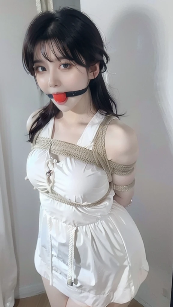 (((masterpiece))),(((High resolution)))、(((8K)))、(((perfect face)))、((1girl, animal_ear_fluff, animal_ears, bangs, bare_shoulders, black_hair, blush, breasts, cat_ears, closed_mouth, eyebrows_visible_through_hair, green_eyes, grey_background, hair_between_eyes, karyl_(princess_connect!), long_hair, looking_at_viewer, medium_breasts, multicolored_hair, shirt, simple_background, sleeveless, sleeveless_shirt, solo, upper_body, white_background, white_shirt, ,arms behind back, (((arms bound, shibari, bondage, rope))), ballgag,bondage (Shibari,hands tied behind back), (Shibari), BDSM,Tied up, legs tied,ballgag