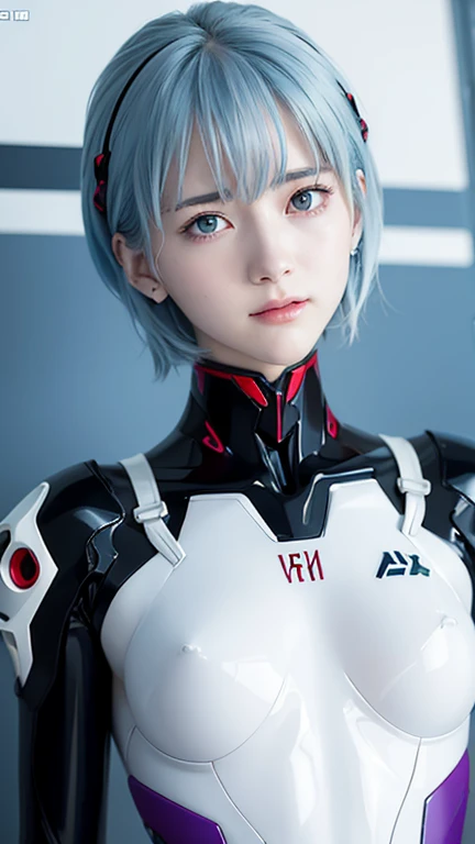 Evangelion、Rei Ayanami、One girl, Ayanami Rei, alone, Red eyes, （（Plug Suit,）） short hair, Blue Hair, chest, Bodysuits,whole body, white Bodysuits, School classroom、 White interface headset, bangs, Mouth closed, A little smile、Hair between the eyes, medium chest, high quality, slow,Moist eyes、Watery eye、Troubled face、Rei Ayanami、Are standing、