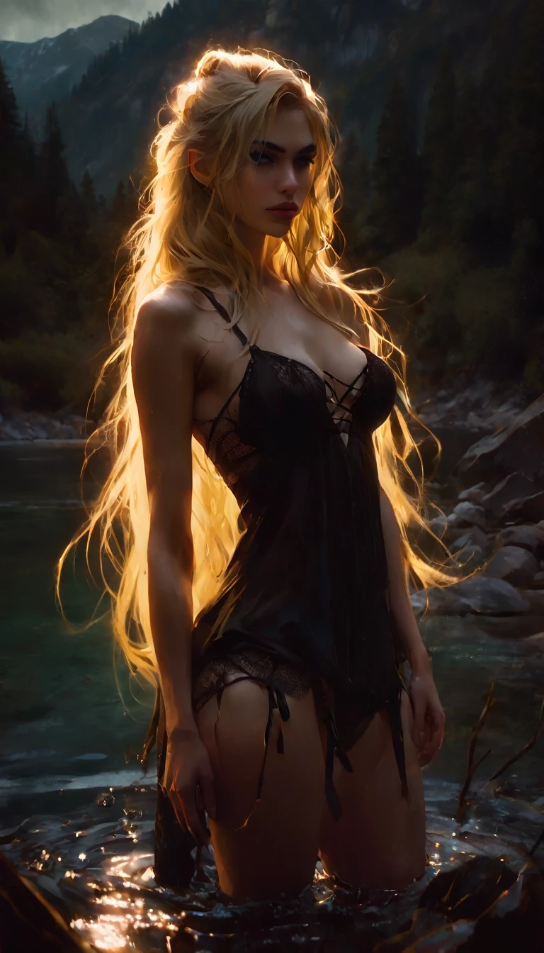 Blonde girl with long hair, sexy, small breasts, rocker look, radical girl, lingerie, in a beautiful lake between mountains, ,fucking whit a man, penetration, full of sweat and semen, positions,between shadows, oil painting, chiaroscuro, sensual, dramatic lighting, moody atmosphere, photorealistic, intricate details, masterpiece, ultra-detailed, high quality, 8k, best quality, realistic, cinematic, dark and brooding, expressionistic, powerful composition, emotional impact, Bill Sienkiewicz inspired art
