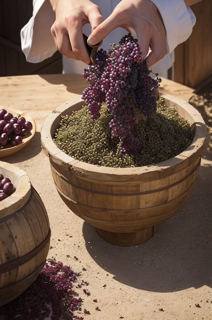 Naked women picking grapes.