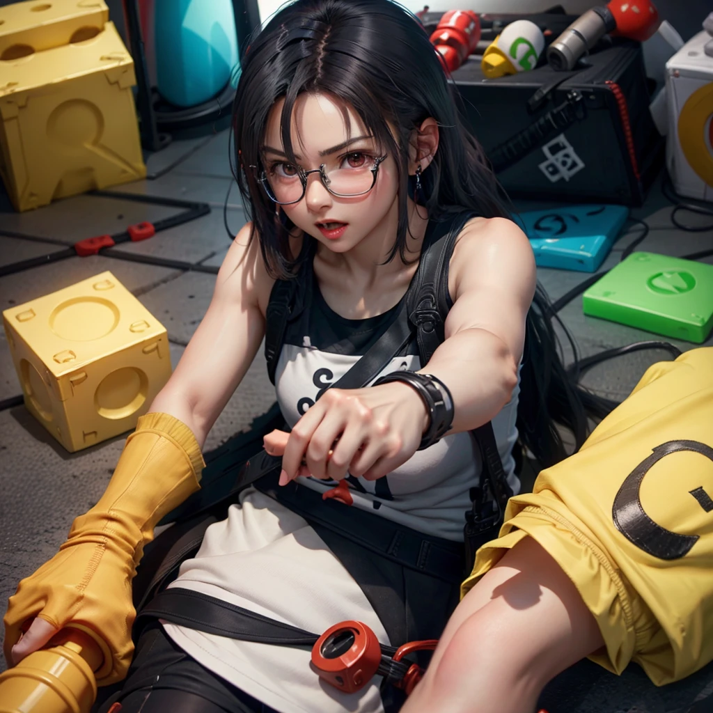logo of boy playing fun game with hammer as controller wearing glass and black hair
