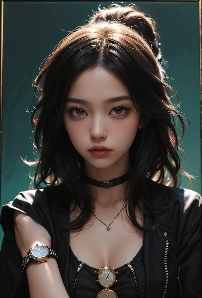 Beautiful girl with realistic black eyes, Pale skin, Long black hair, Perfect Face, Perfect Eyes, ((A tight dress with a large neckline)) Very detailed, The whole movie, Digital Painting, 8k, Cinema Lighting, highest quality, High resolution, Post-processing, Perfect results, (((Revealing clothing))),Big Breasts,Choker