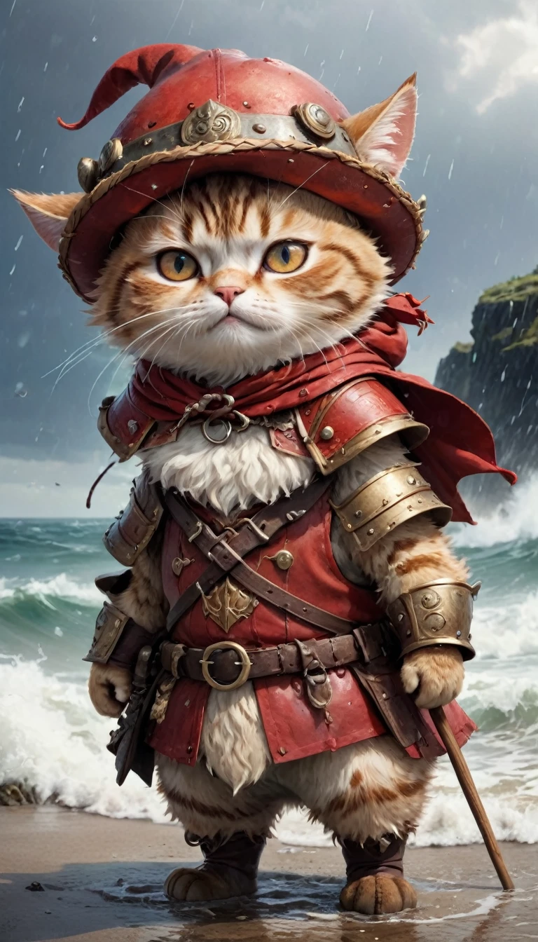 Crying face、tears、small, かわいいto be bornき物, Wearing red Viking armor and straw hat、 whole body,small , Are standing, Costume, Stormy Sea、 Fantasy art, Exquisite detail, Jean-Baptiste Monge Style, office、Alan Lee Style, Anthropomorphic, Fat, A skin-colored cat with big eyes, Movie Scenes, Dramatic shot angles, , Realistic, to be born々Stunning cinematic photorealism, Action Portrait, 8k, detailed, Full Frame
