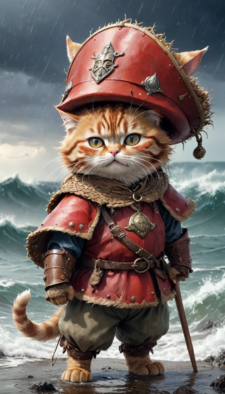 Crying face、tears、small, かわいいto be bornき物, Wearing red Viking armor and straw hat、 whole body,small , Are standing, Costume, Stormy Sea、 Fantasy art, Exquisite detail, Jean-Baptiste Monge Style, office、Alan Lee Style, Anthropomorphic, Fat, A skin-colored cat with big eyes, Movie Scenes, Dramatic shot angles, , Realistic, to be born々Stunning cinematic photorealism, Action Portrait, 8k, detailed, Full Frame