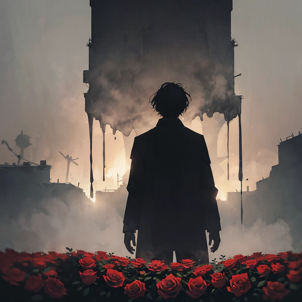 1 man standing behind, (silhouette:1.3), blackwork, painful, creepy, sheet, roses, abstract, ambient lighting, (blurred background, blurred foreground, Depth of field:1.3), Swirling fog, Rainbow fog, traditional texture, dripping