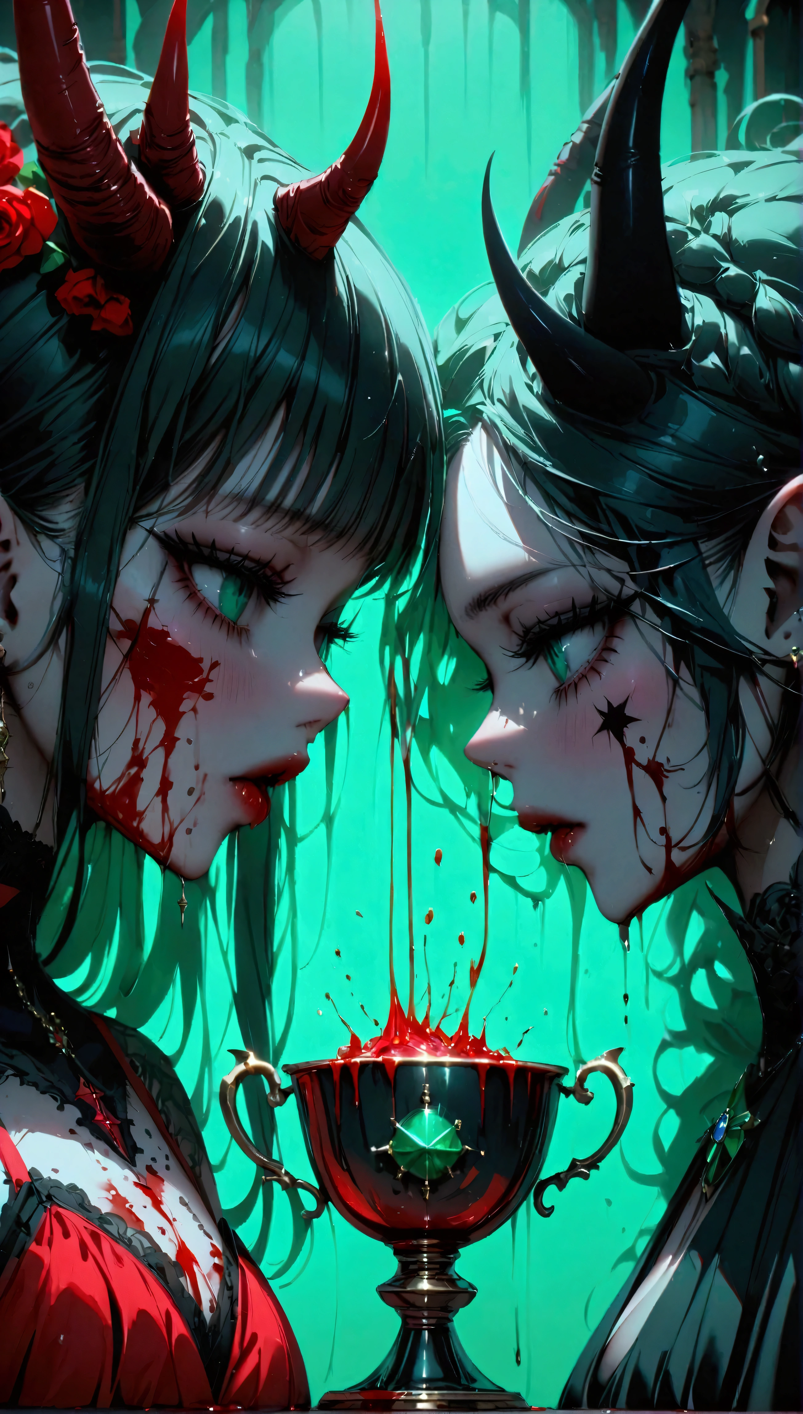 (blood sacrifice:1.5),(far profile:1.1),(emerald cup:1.2),(1 black demon),vomiting blood into the cup,1 beautiful girl and 1 black demon, pact with the devil, witch with demon,