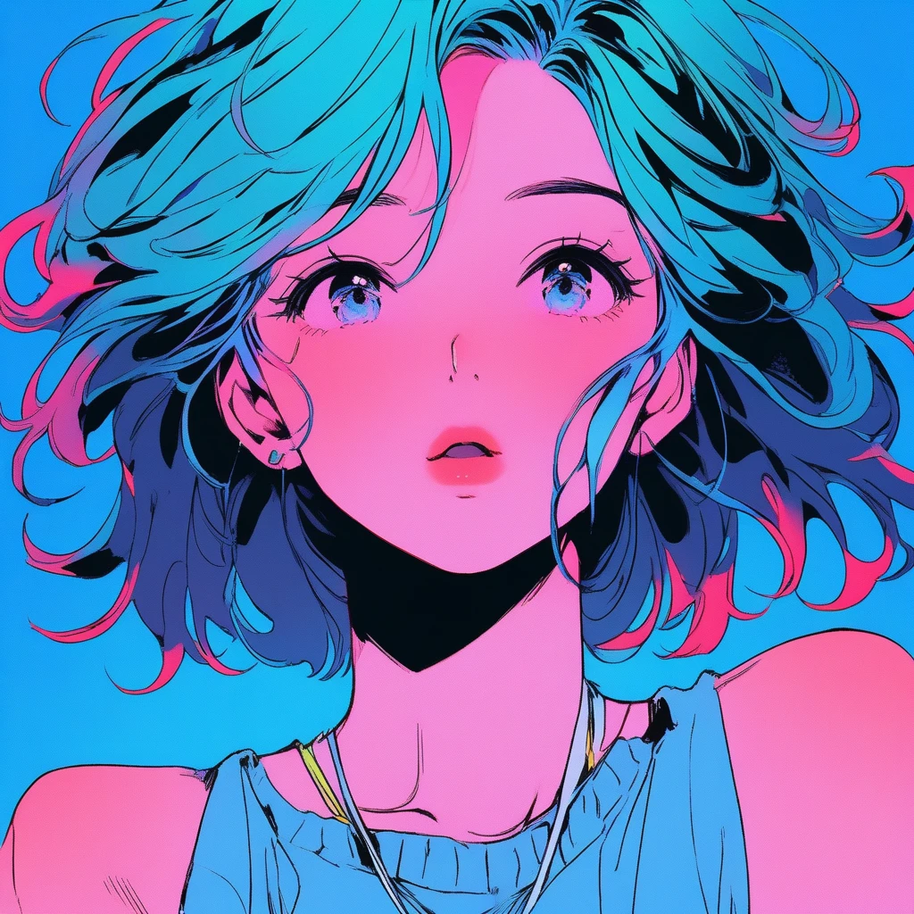 Illustrator, Anime , Realistic ,sketch , 1girl in, ,lip, order, Blue gradient background, Neon Hair,textured crop, Canadian, (masutepiece,Best Quality)