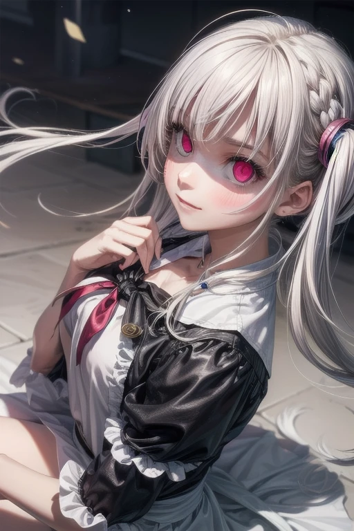 (Tabletop:1.0), (highest quality:1.4), (High resolution:1.2), From the side,Sharp contours, boyish, highest quality, masterpiece,Glasses,Voice of the Heart,20-year-old woman,yandere,Big Breasts,Chest to chest,Lying face down,Upper Body,Ecstasy,saliva,blush,Squint your eyes,Heterochromia iridis,Tuck up your clothes,lure, white hair, twintail hair, maid